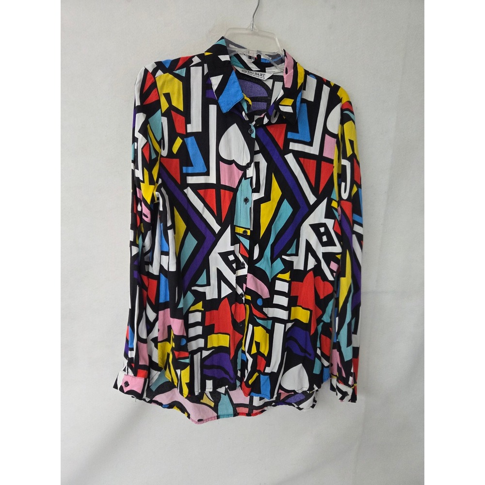 Big Dart Geometric Abstract Print Button Down Shirt Multi Color Women Size XL